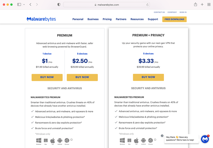 Malwarebytes Pricing via Safari Browser