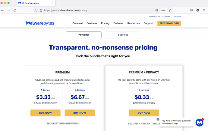 Malwarebytes Pricing via Firefox Browser