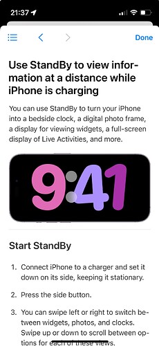A page inside the iPhone manual, titled "Use StandBy to view information at a distance while iPhone is charging."