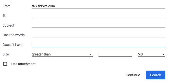 Screenshot of Gmail filter options, previously listed.