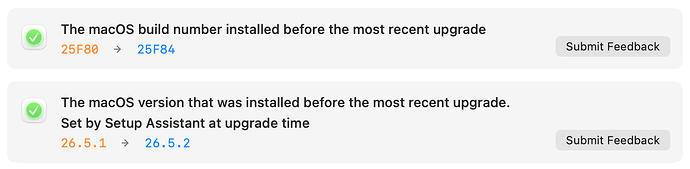 List items in SetShot for changes to the macOS build number and version. The icon for both items is a light gray checkmark on a bright green disk.