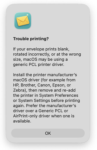 EnvelopeMagic Printer Trouble Dialog