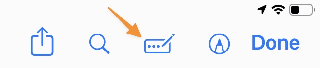 The horizontal button bar from Apple's Files app for iPad, showing four icons — for Share, Search, Fill Form, and Markup — plus the Done button. An arrow points to the Fill Form button to highlight it.