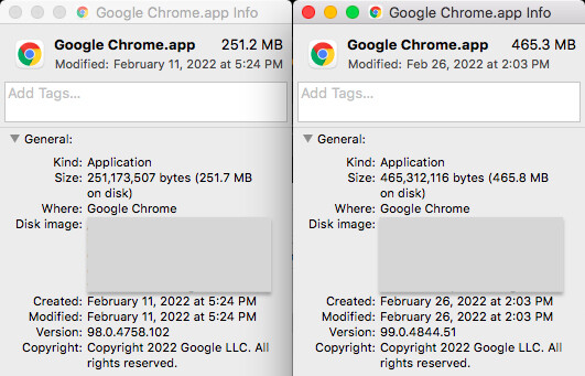 google chrome 98-99 app size increase